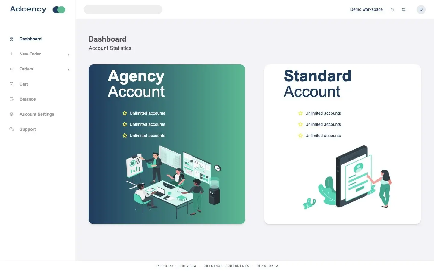 Adgency account-selection interface with agency and standard account cards, shown with demo data
