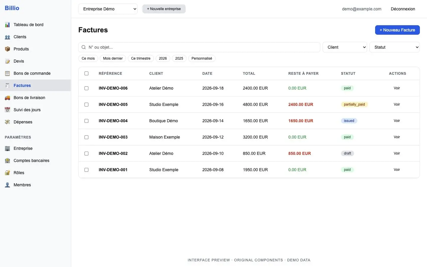 Billio invoice workspace with client filters, invoice statuses and outstanding balances, shown with demo data