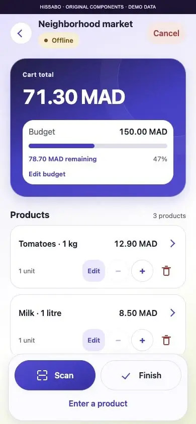 Hissabo shopping basket with demo products, editable quantities, remaining budget and scan actions