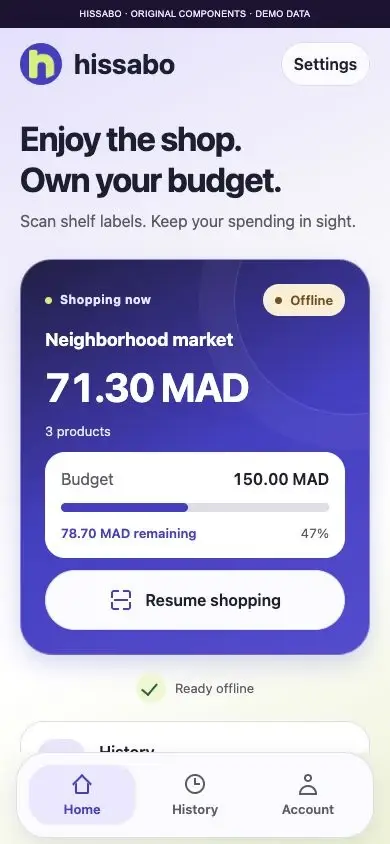 Hissabo home screen with a 71.30 MAD demo basket and a 150 MAD budget