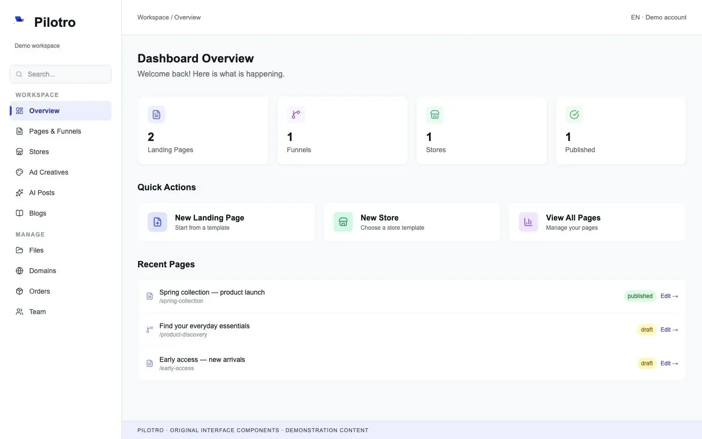 Pilotro dashboard with pages, funnels, stores, creative tools and demonstration projects