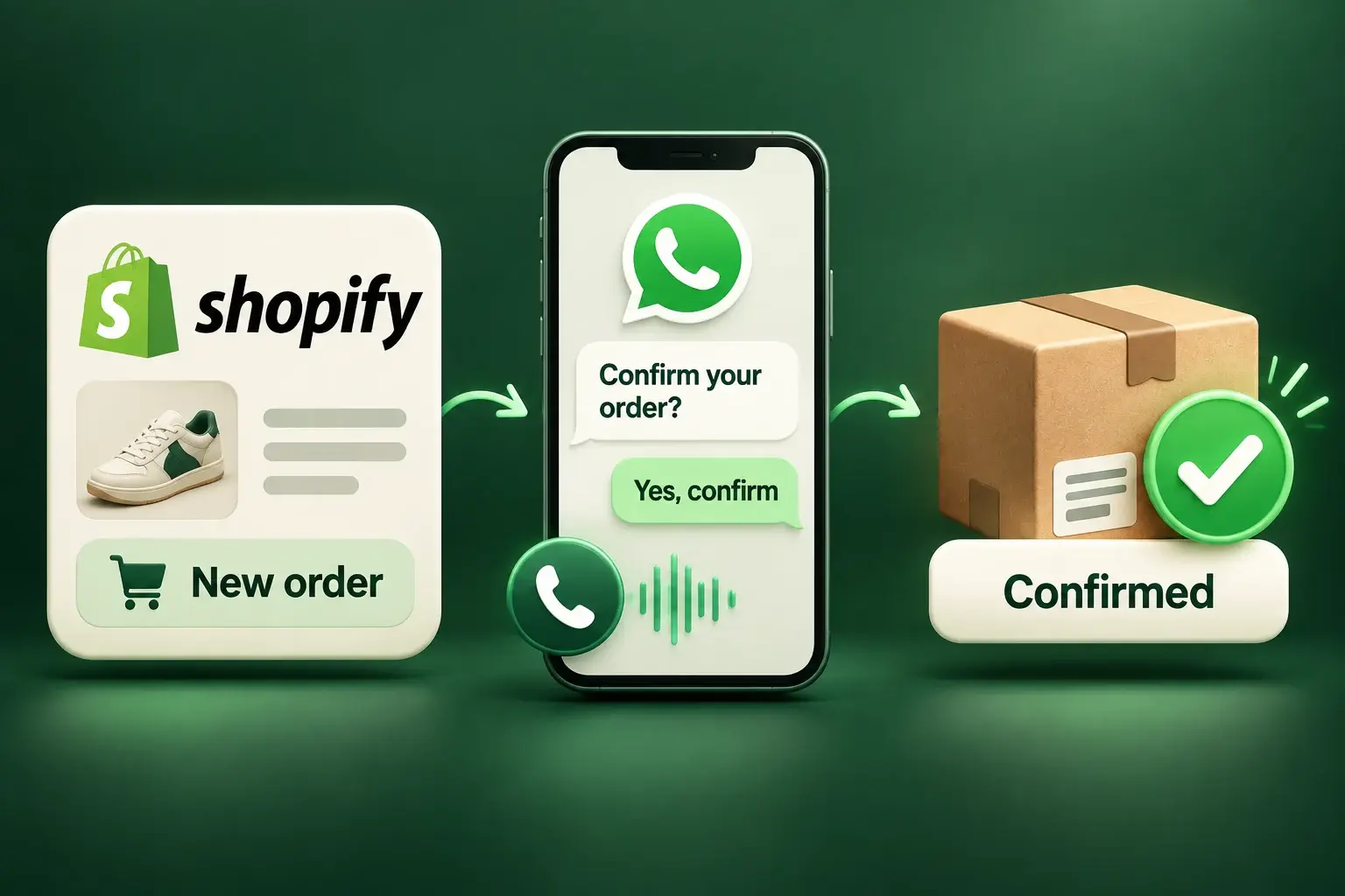 Illustrated workflow from a Shopify order through WhatsApp or voice confirmation to a confirmed cash-on-delivery parcel