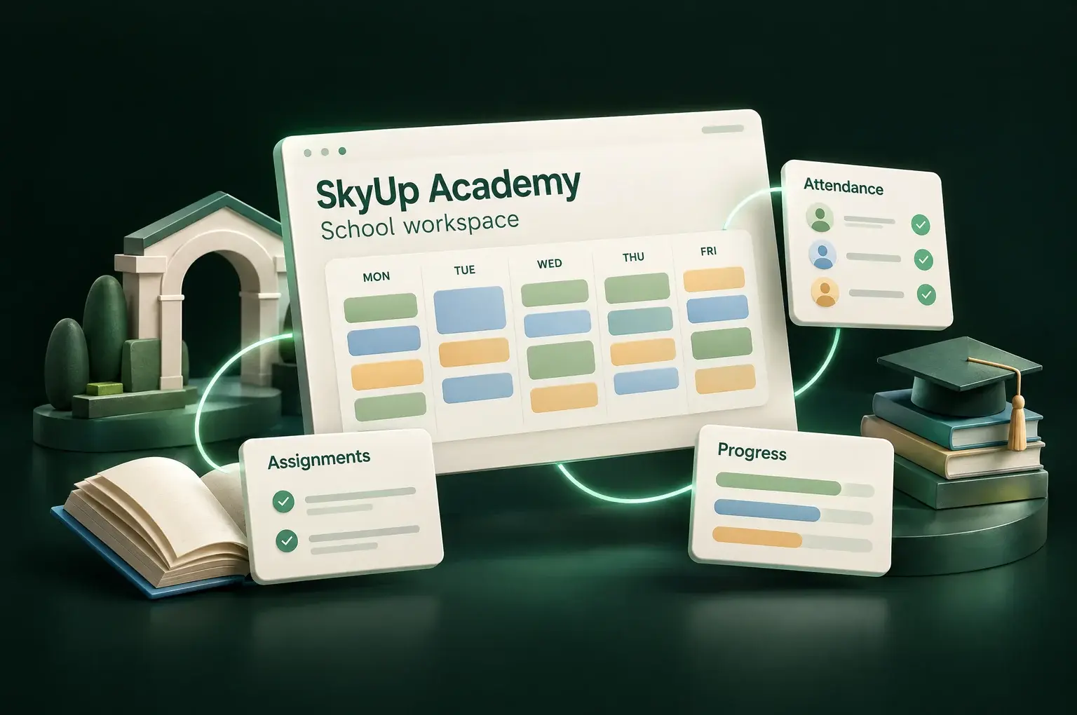 SkyUp Academy illustration connecting a weekly school timetable with assignments, attendance and student progress