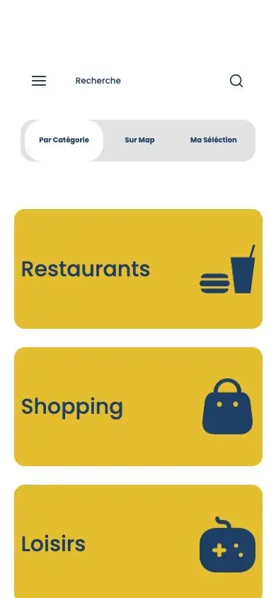 OneTime mobile category discovery screen with restaurants, shopping and leisure