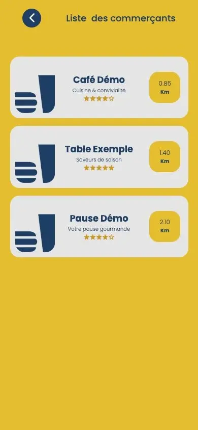 OneTime mobile merchant list with demonstration businesses and distances
