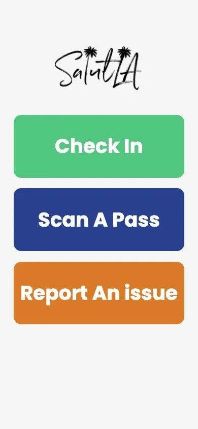 Salut LA mobile parking screen with Check In, Scan A Pass and Report An issue actions